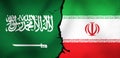 Saudi Arabia and Iran Waving Flag Cracked Representing Conflict Between Two Countries. Background for News