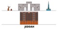 Saudi Arabia, Jeddah flat landmarks vector illustration. Saudi Arabia, Jeddah line city with famous travel sights