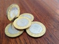 Saudi Arabia 1Riyal coins on the table.