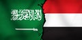 Saudi Arabia and Yemen Flag towards each other with Crack presenting Conflict Between Two countries.