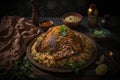 Saudi Arabian dish chicken kabsa with rice mandi Illustration AI Generative