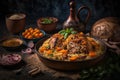 Saudi Arabian dish chicken kabsa with rice mandi Illustration AI Generative