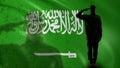 Saudi Arabian soldier silhouette saluting against national flag, country pride