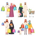 Saudi family. Market arabic male and female characters shiopping holding bags in hands vector characters