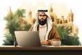 A Saudi individual sits at a desk utilizing a laptop with various poses against a white backdrop Royalty Free Stock Photo