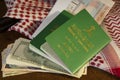 Saudi Travller Document Passport Flight Ticket Saudi Riyals Money and American Dollars Still Life with Shumagh