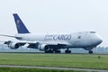 Saudia Cargo Boeing B747 plane landing at Amsterdam Airport Schiphol Royalty Free Stock Photo