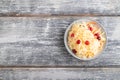 Sauerkraut, marinated cabbage on a gray wooden background. Top view, copy space