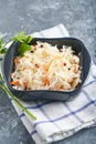 Sauerkraut with seasonings in dark bowl. Natural Probiotics, Healthy Food