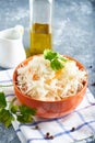 Sauerkraut with seasonings in an orange bowl. Natural Probiotics, Healthy Food