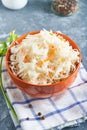 Sauerkraut with seasonings in an orange bowl. Natural Probiotics, Healthy Food