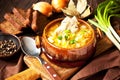 Sauerkraut soup in ceramic bowl on wooden table Royalty Free Stock Photo