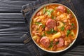 Sauerkraut stew with borlotti beans, potatoes and sausages close-up in a bowl. horizontal top view