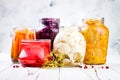 Sauerkraut variety preserving jars. Homemade red cabbage beetroot kraut, turmeric yellow kraut. Fermented food. Royalty Free Stock Photo