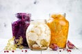 Sauerkraut variety preserving jars. Homemade red cabbage beetroot kraut, turmeric yellow kraut, marinated cauliflower and carrots Royalty Free Stock Photo