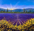 Sault Village in Vaucluse Lavender flower field Provence France Oil painting on canvas Royalty Free Stock Photo