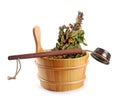 Sauna accessories - bucket with birch broom and ladle, isolated Royalty Free Stock Photo