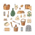 Sauna accessories - washer, broom, tub, bucket, towel and other. Bath accessories made of wood