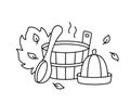 Sauna or bathhouse, line art emblem for coloring. Bath tools for Russian banya. Black illustration of wooden tub, ladle, hat,