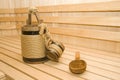 Sauna. Bucket, cup and ladle Royalty Free Stock Photo