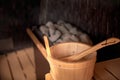 Sauna bucket in hot cosy sauna room Royalty Free Stock Photo