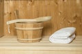 Sauna cabin ready for usage with wooden bucket Royalty Free Stock Photo