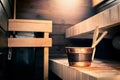 Sauna in Finland. Spa in summer cabin. Wooden wellness steam room. Traditional Finnish relax lifestyle. Water bucket and ladle. Royalty Free Stock Photo