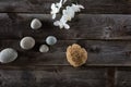 Sauna lifestyle concept with top view still life, wood background