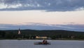 Sauna raft on summer evening at Lake Hornavan and Arjeplog in Lapland, Sweden