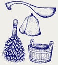 Sauna ready accessories - broom, bucket, hat and scoop