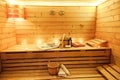 Sauna room with traditional sauna accessories Royalty Free Stock Photo