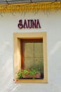 Sauna sign outdoor on building Royalty Free Stock Photo