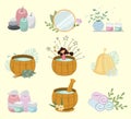 Sauna and spa accessories cartoon set. Hygiene and care products, cosmetics, flowers and herbs. Bath items. Wooden vat Royalty Free Stock Photo