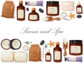 Sauna and spa banner vector illustration. Bath accessories and supplies. Realistic plastic containers bottles, tubes and Royalty Free Stock Photo