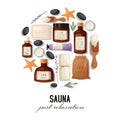 Sauna and spa banner vector illustration. Realistic plastic containers bottles, tubes and jars for cream, body lotion