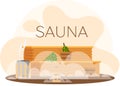 Sauna or SPA center banner template with accessories for relaxation in steam banya or hot sauna Royalty Free Stock Photo