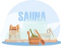 Sauna or SPA center banner template with accessories for relaxation in steam banya or hot sauna Royalty Free Stock Photo