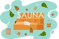 Sauna or SPA center banner template with accessories for relaxation in steam banya or hot sauna Royalty Free Stock Photo