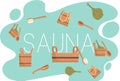 Sauna or SPA center banner template with accessories for relaxation in steam banya or hot sauna Royalty Free Stock Photo