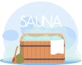 Sauna or SPA center banner template with accessories for relaxation in steam banya or hot sauna Royalty Free Stock Photo