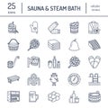 Sauna, steam bath line icons. Bathroom equipment birch, oak birch, bucket.