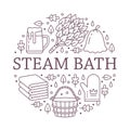 Sauna, steam bath room banner illustration with flat line icons. Bathroom equipment birch, oak broom, bucket, beer Royalty Free Stock Photo