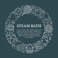 Sauna, steam bath room banner illustration with flat line icons. Bathroom equipment birch, oak broom, bucket, beer Royalty Free Stock Photo