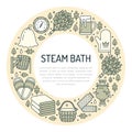 Sauna, steam bath room banner illustration with flat line icons. Bathroom equipment birch, oak broom, bucket, beer Royalty Free Stock Photo