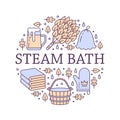 Sauna, steam bath room banner illustration with flat line icons. Bathroom equipment birch, oak broom, bucket, beer Royalty Free Stock Photo