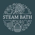 Sauna, steam bath room banner illustration with flat line icons. Bathroom equipment birch, oak broom, bucket, beer Royalty Free Stock Photo