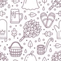 Sauna, steam bath room seamless pattern with line icons.Bathroom equipment birch, oak broom, bucket, beer. Finnish