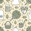 Sauna, steam bath room seamless pattern with line icons. Bathroom equipment birch, oak broom, bucket, beer, glove Royalty Free Stock Photo