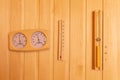 Sauna thermometer and hygrometer, Hourglass on wooden wall. Accessories