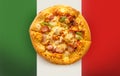 Sausage bacon Cheese pizza on green red color as italy Royalty Free Stock Photo